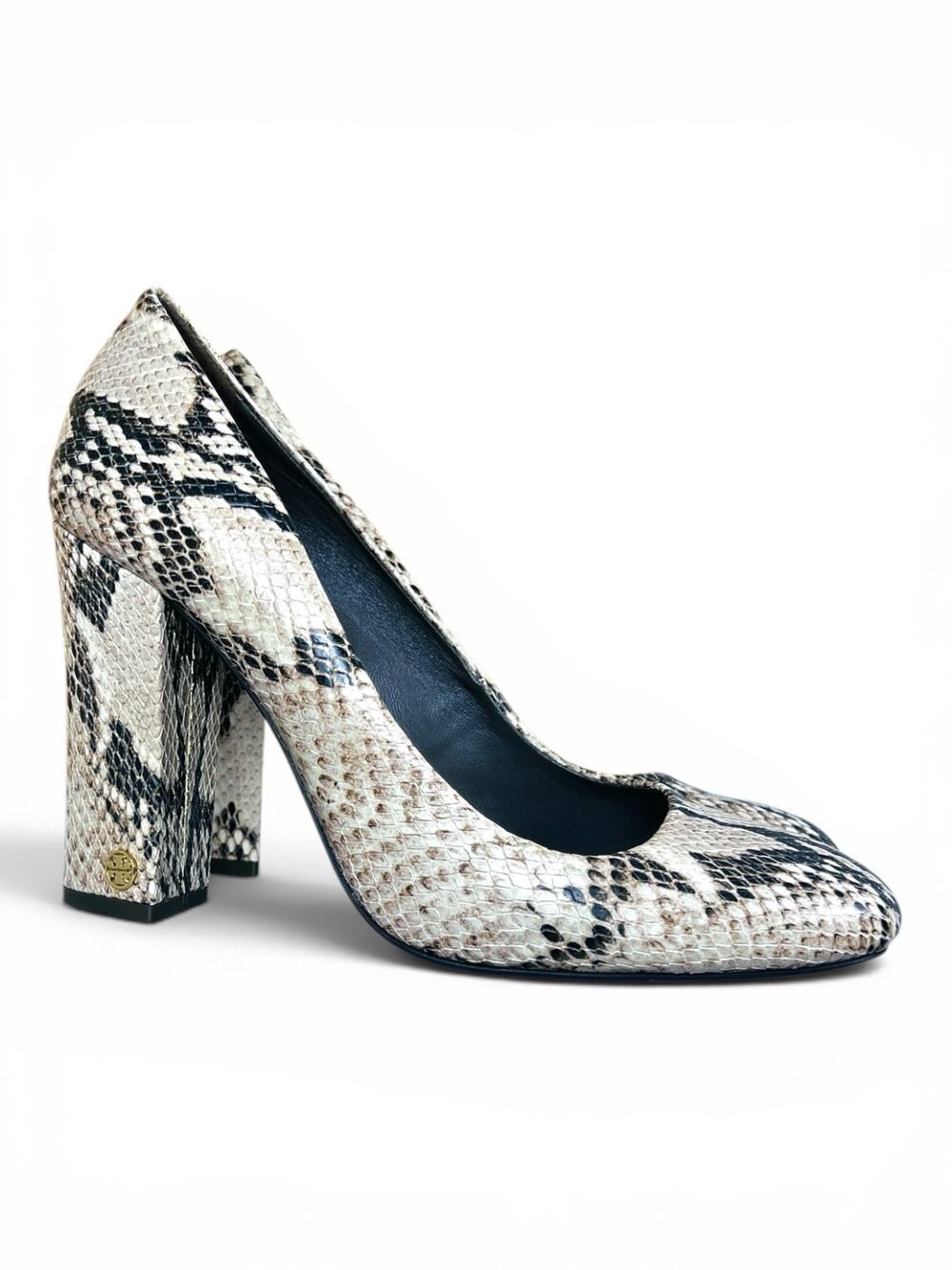 Tory Burch Kati Snake Print Block Heel Pumps Leather Cream Black Size 9.5